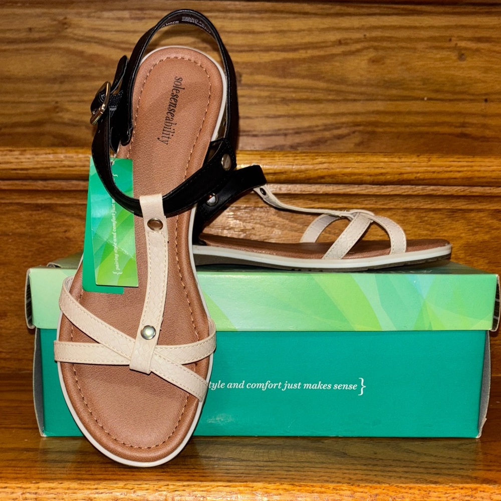 Stylish Black and Cream Sandals by Sole Senseability